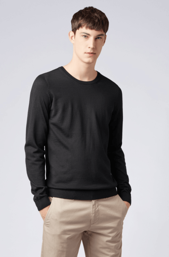 BOSS Crew-neck sweater in virgin wool Leno Black - Hobo Menswear